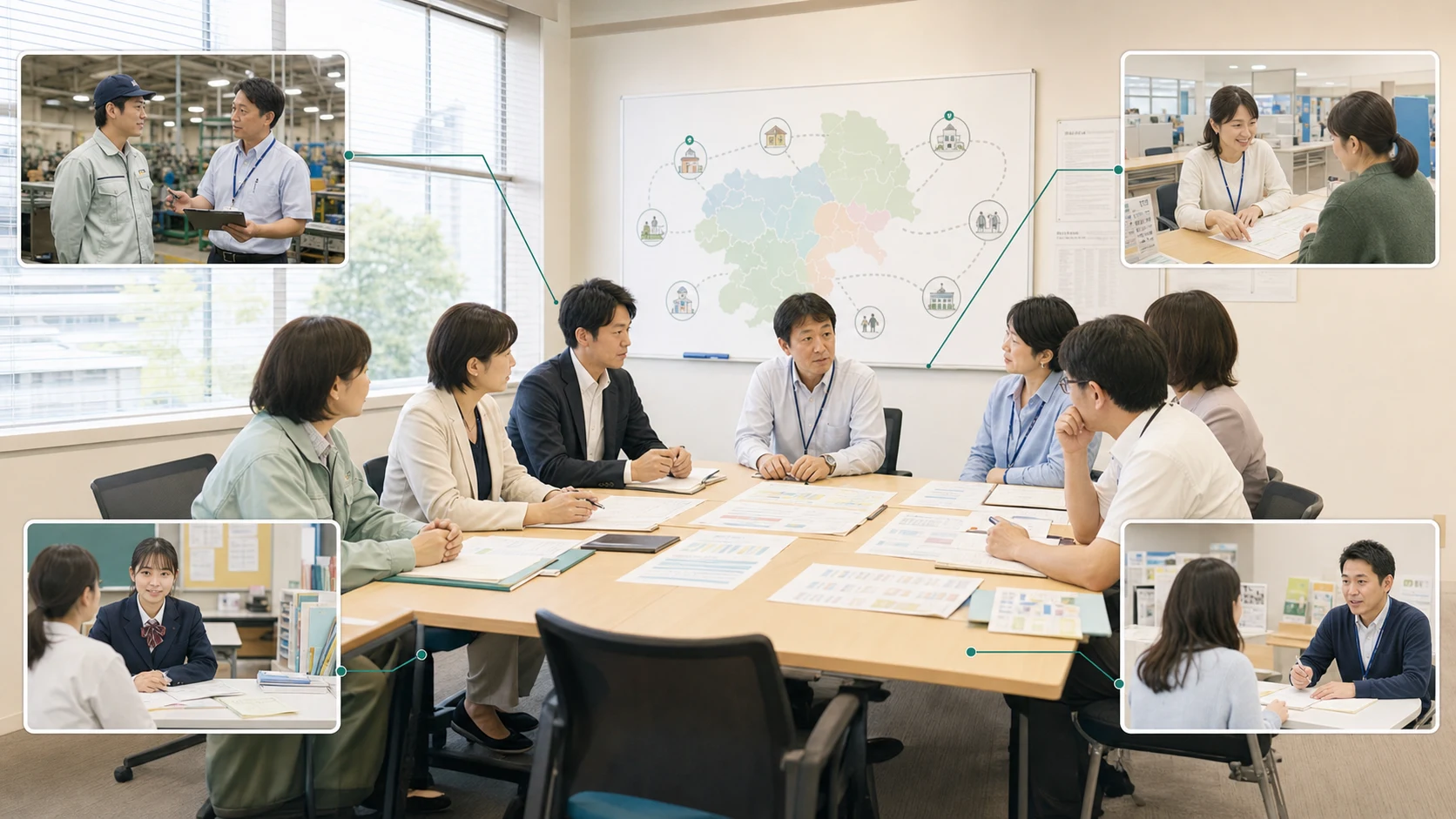 自治体の就労部会を中心に医療、福祉、教育、雇用の機関が地域連携を再設計する架空ニュース写真