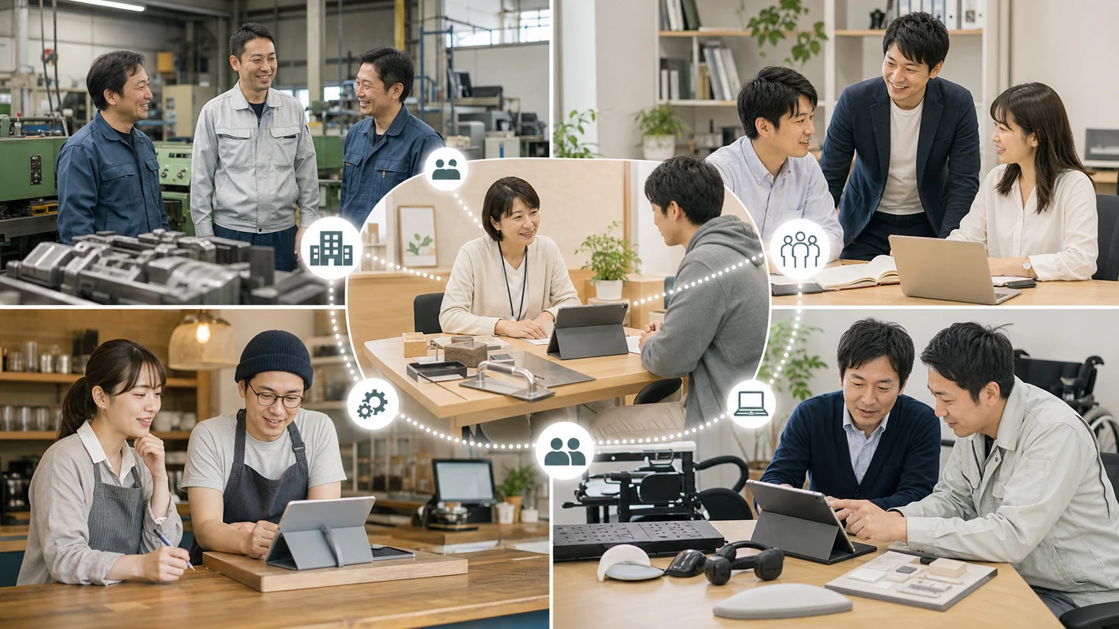 中小企業が共同で利用するワークアクセスセンターを示す架空ニュース用コラージュ