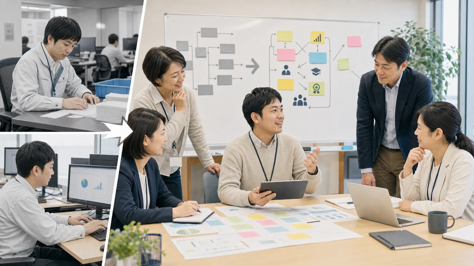 低期待値の補助業務から役割と評価を更新する職場を示す架空ニュース用コラージュ