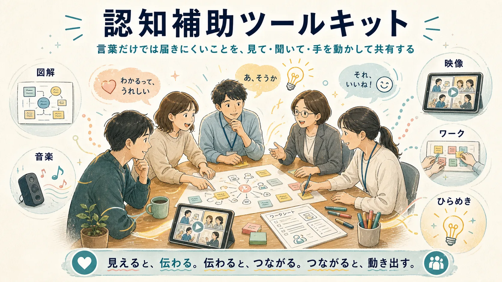 参加者が図解、音楽、映像、ワークシートを囲んで、あ、そうかと気づきながら同じ場面を共有する認知補助ツールキットの図解