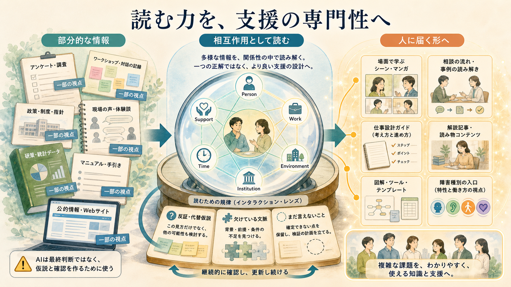 読む力を支援の専門性へ変える流れ。部分的な情報を相互作用として読み、人に届く形へ翻訳する図解。