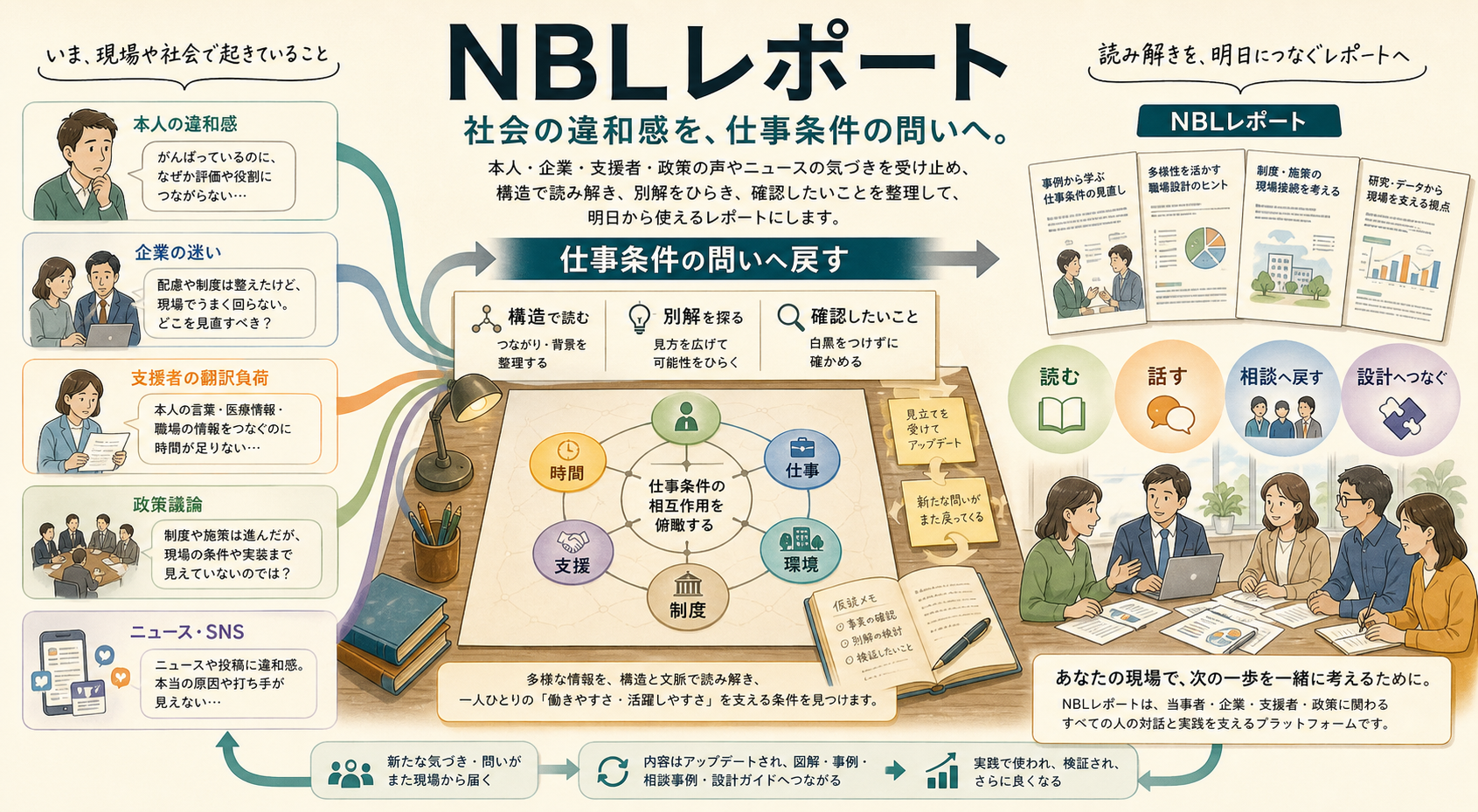 NBLレポート。本人の違和感、企業の迷い、支援者の翻訳負荷、政策議論、ニュースSNSを、仕事条件の問いへ戻し、読む、話す、相談へ戻す、設計へつなぐ流れを示す図解。