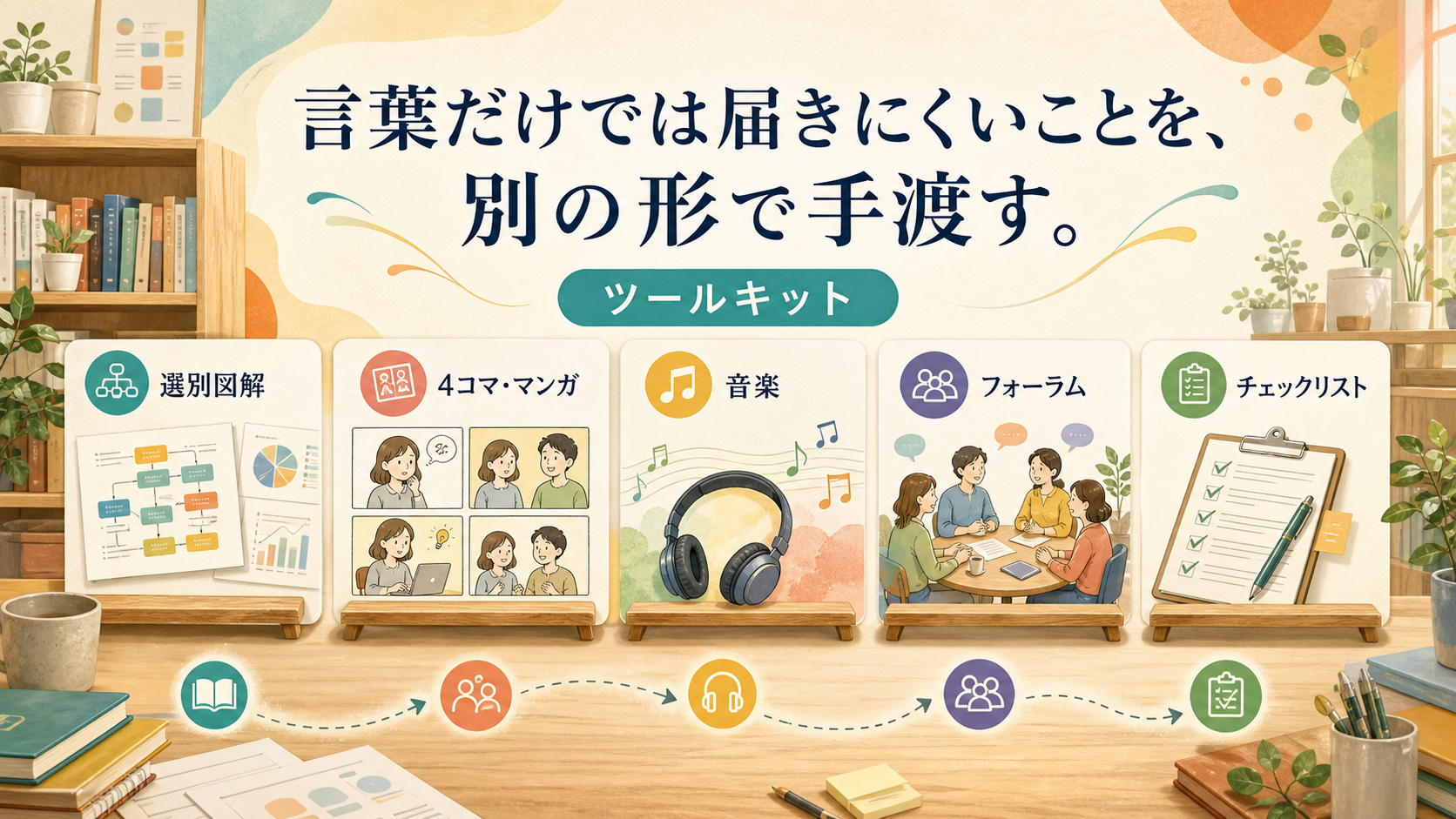 ツールキット。言葉だけでは届きにくいことを、選別図解、4コマ・マンガ、音楽、フォーラム、チェックリストという別の形で手渡す素材棚の図解。