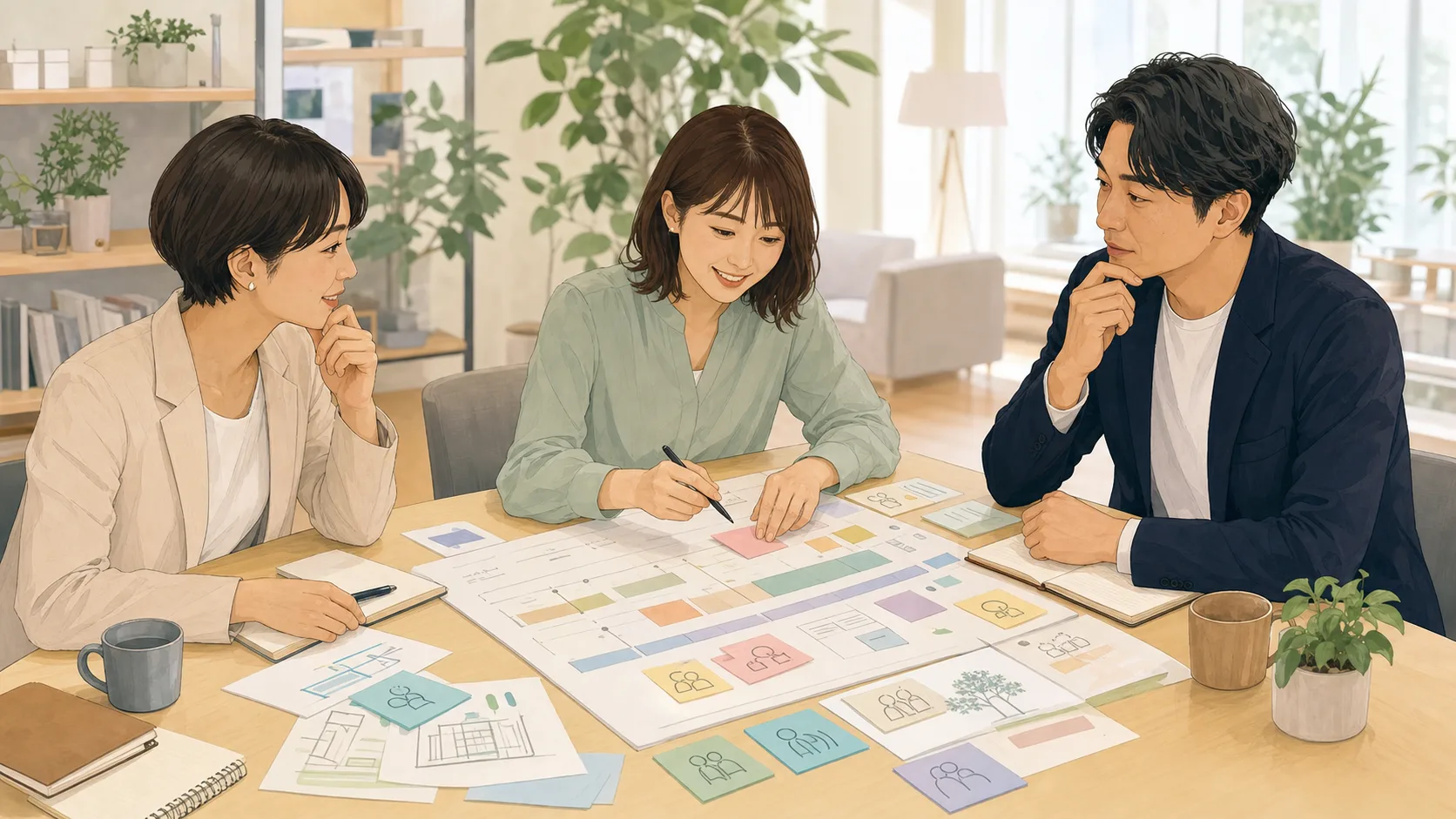 企業担当者、支援者、産業保健職が仕事の条件を同じ場面で整理しているイラスト