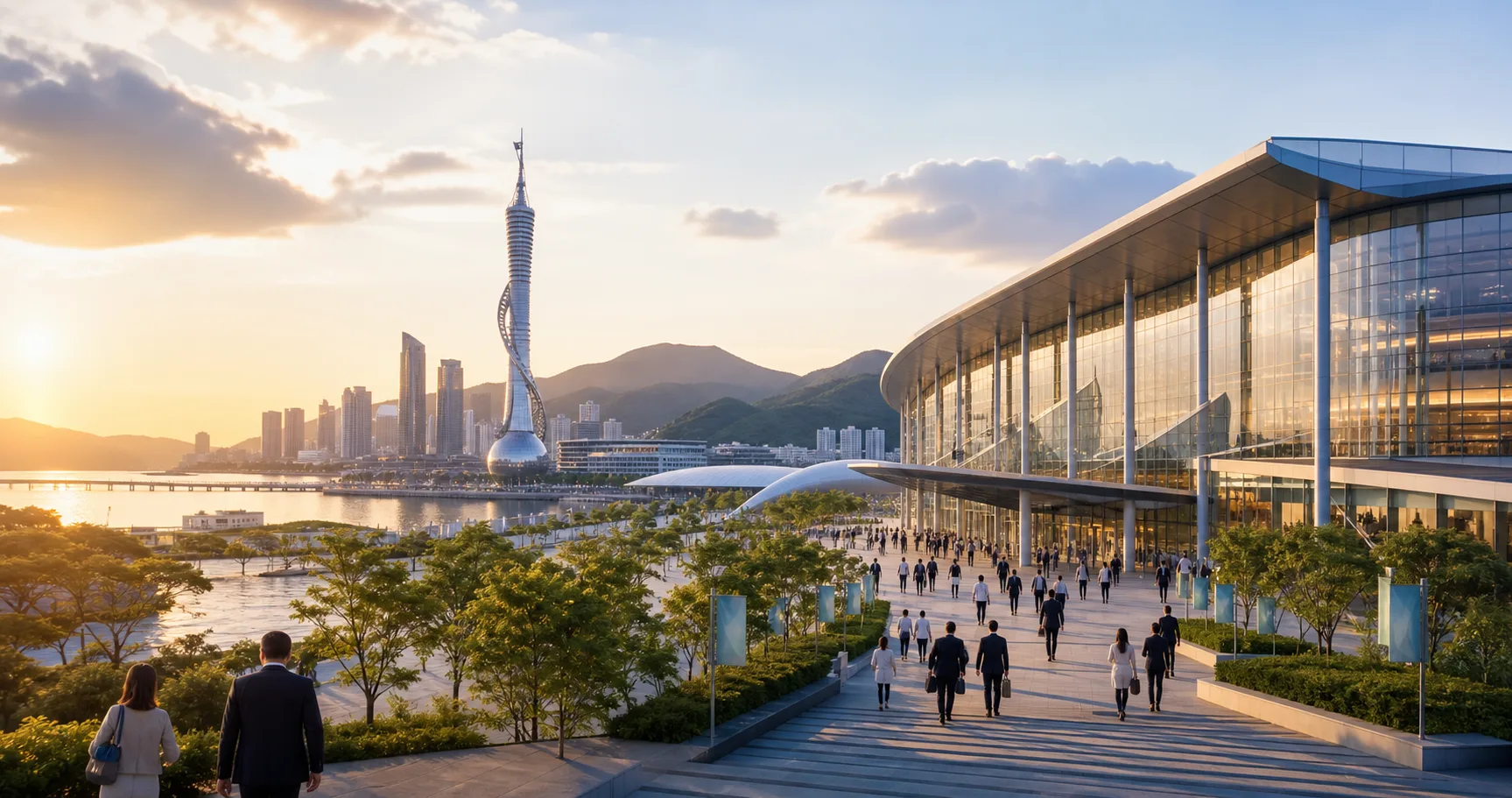 水辺の架空都市にある会議場へ参加者が向かうバーチャルフォーラムの風景