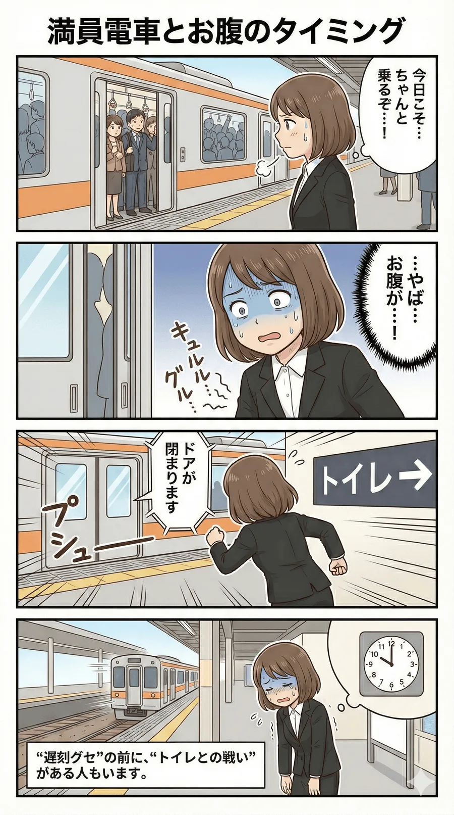 満員電車と体調のタイミングを考える4コマ教材