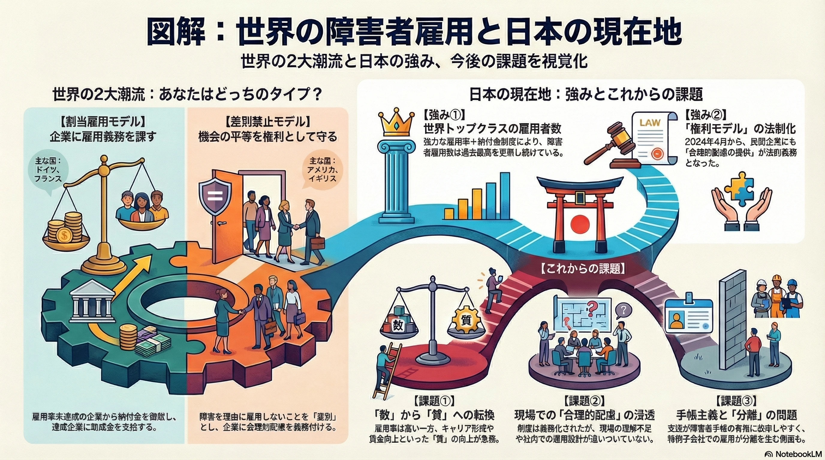 日本と諸外国の障害者就労支援の前提差を示す図解